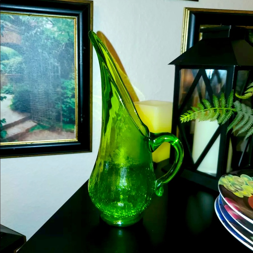 Vintage 1960's Glass 10" Crackle Pitcher Swung Vase